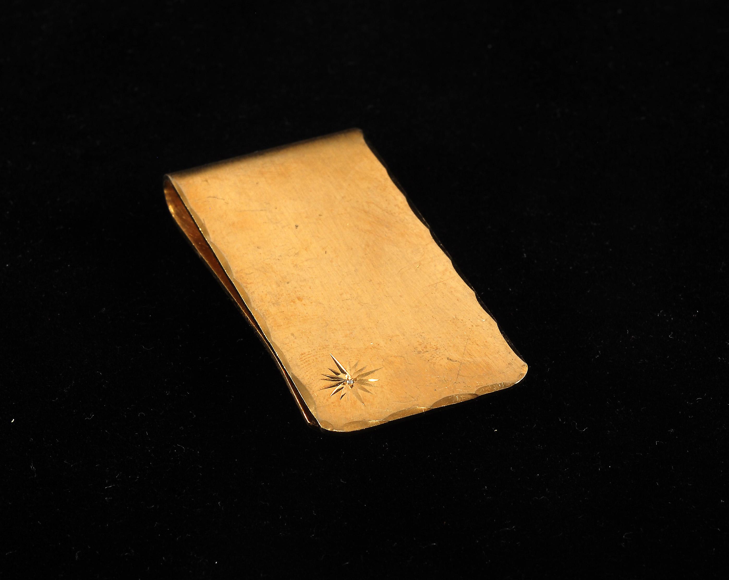 Vintage Money Clip Starburst W Rhinestone Dull Gold Plated Brass