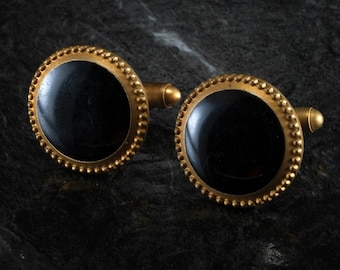 Vintage Antique Dull Gold Plated Metal Black Gem Men's Round Cuff Links NOS