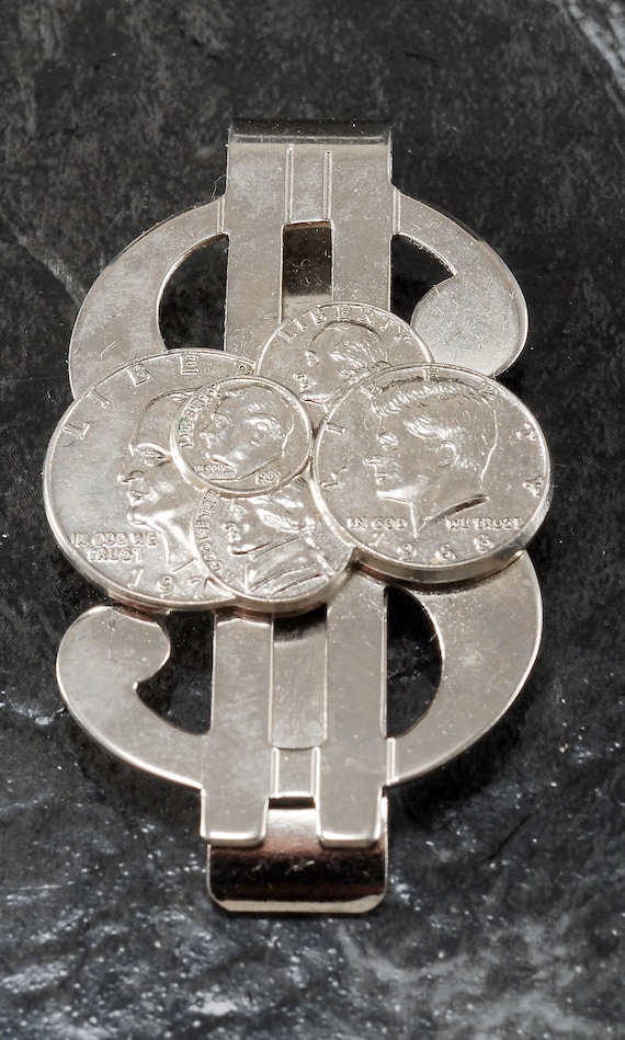 Vintage 5 Coin Replica Dollar Sign Money Clip Silv