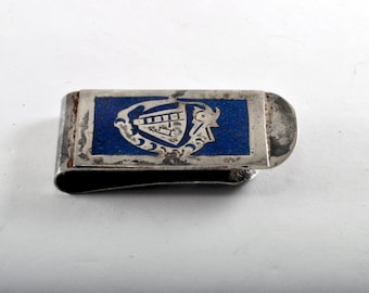 Vintage Geldklammer, mexikanisches Silber mit Emaille-Einlegearbeiten im Azteken-Design, signiert „Mexico“, stark gebraucht