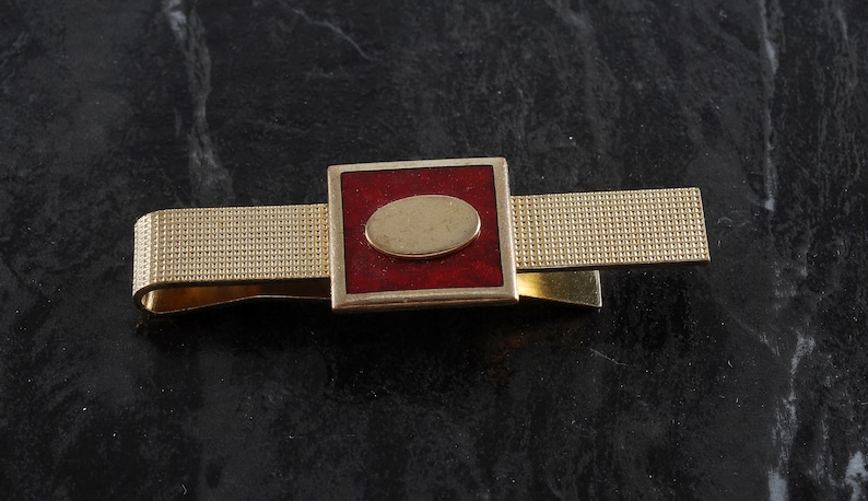 Vintage Tie Clip Gold Plated Brass With Red Enamel Oval In Square Tieclip Traditional Pattern Tieclip New Old Stock