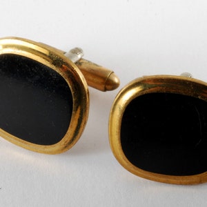 Vintage Antique Dull Gold Plated Metal Black Gem Men&#39;s Rounded Cuff Links New Old Stock