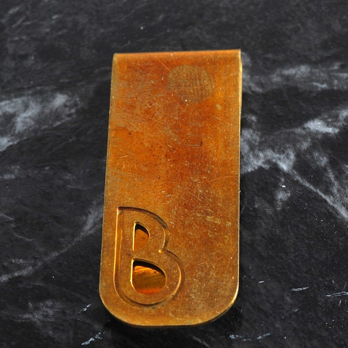 vintage Collectible Antique Solid Brass Monogram Lettre B Thin Money Clip nouveau vieux stock 1940's