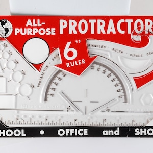 May include: A red and white all-purpose protractor with a 6-inch ruler. The protractor includes triangles, ruler, circle, and gauges. The text "SCHOOL OFFICE and SHOP" is printed at the bottom.