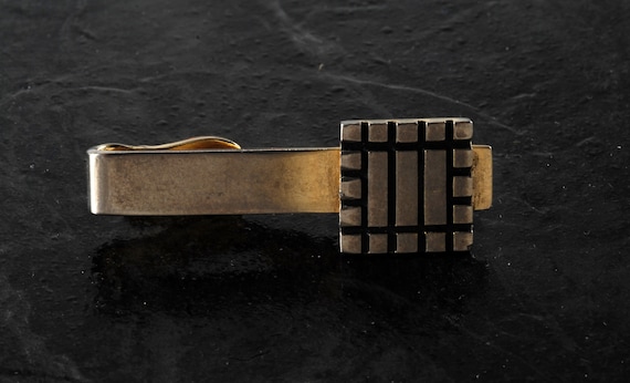 Vintage Swank Tie Clip Gold Plated Brass Grid Des… - image 1