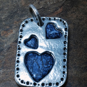 3 Three Heart Charm Pendant Hammered Metal And Clay Blus And Silver Color New Old Stock