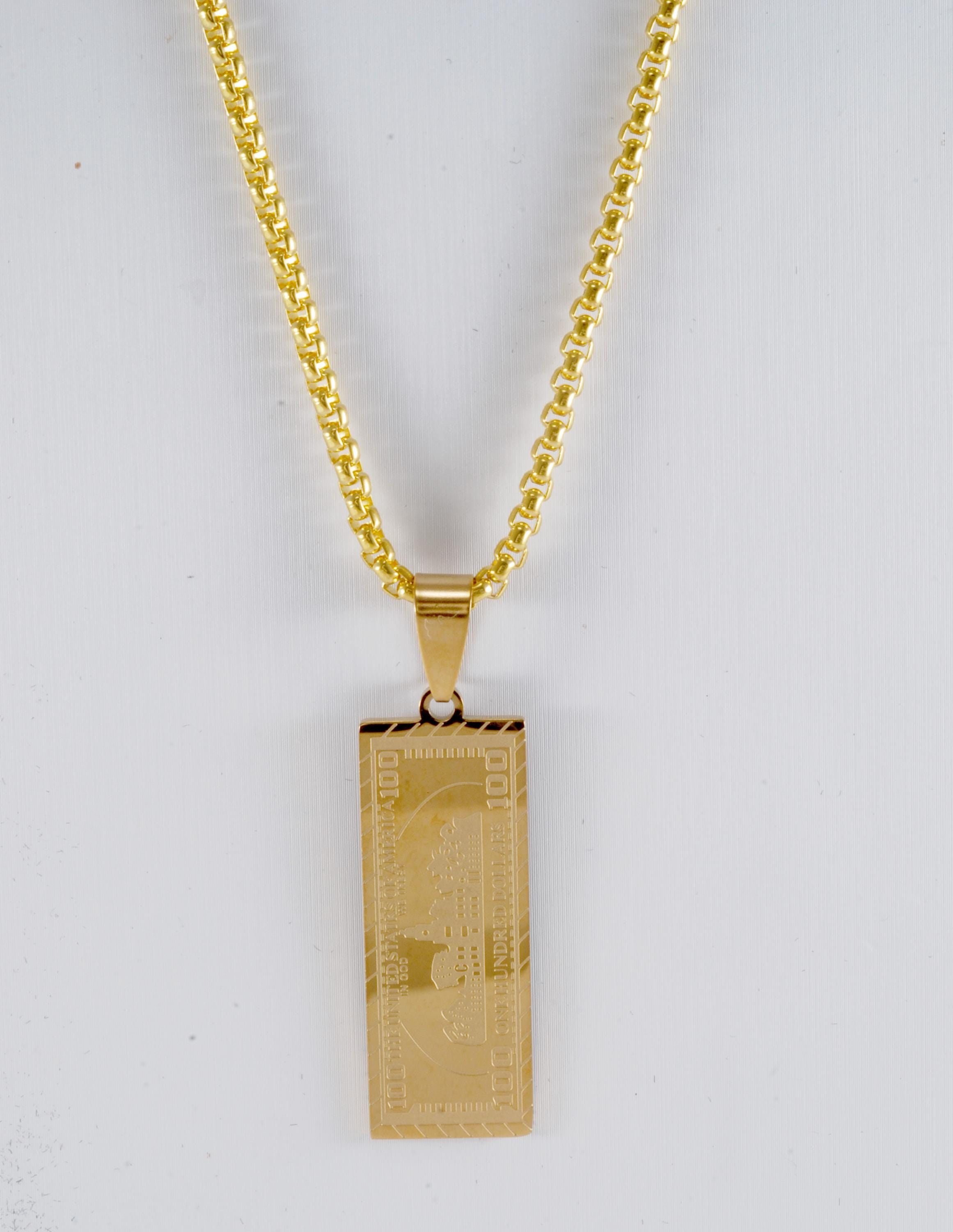 Designer Necklace Gold 100 Dollar Bill Pendant on Gold Chain New