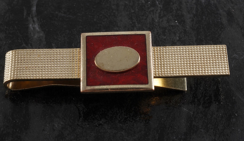 Vintage Tie Clip Gold Plated Brass With Red Enamel Oval In Square Tieclip Traditional Pattern Tieclip New Old Stock