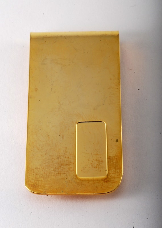 Vintage Collectible Shiny Gold Plated Brass Money Clip W Indent