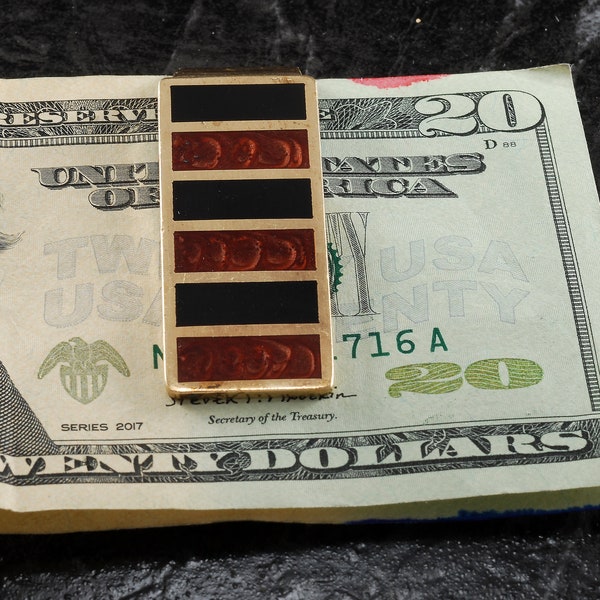Vintage Money Clip Gold Plated Brass w Black & Brown Inlay Men's Jewelry New Old Stock 1940's