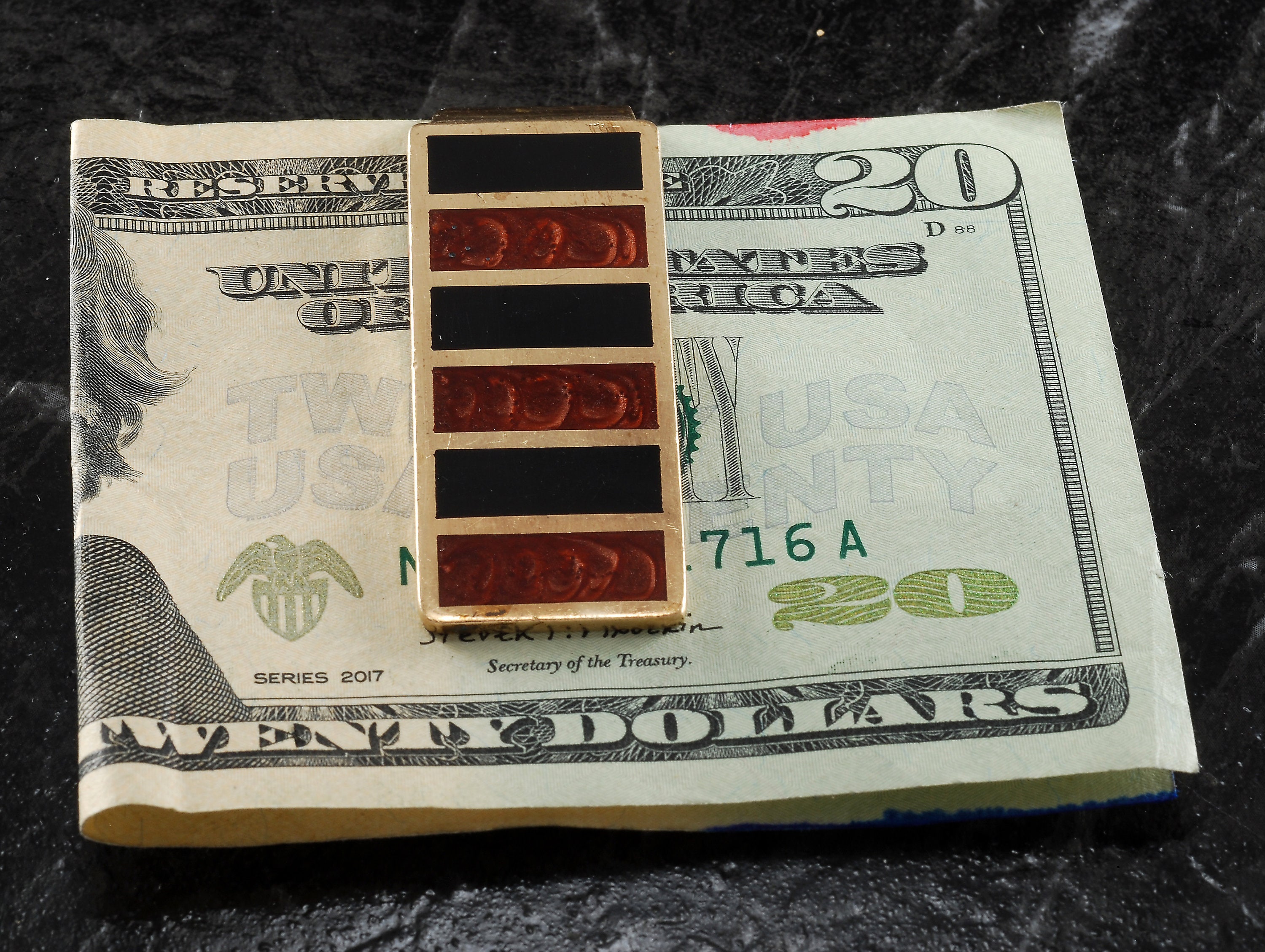 Vintage Money Clip Gold Plated Brass w Black & Brown Inlay Men's Jewelry New Old Stock 1940's
