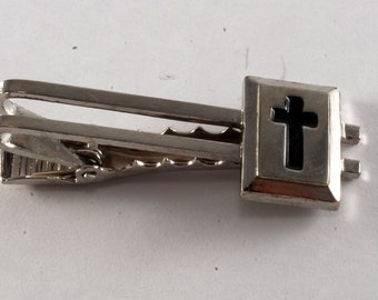 Vintage CROSS Tie Clip Silver Plated Brass Metal w Black Enamel Tieclip NOS