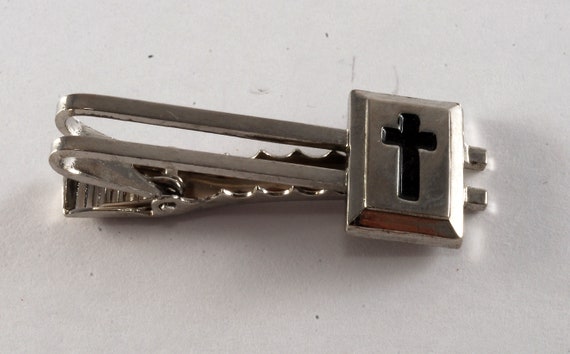 Vintage CROSS Tie Clip Silver Plated Brass Metal … - image 1