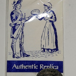 Vintage American Colonial coin authentic replica new old stock on card with history on reverse