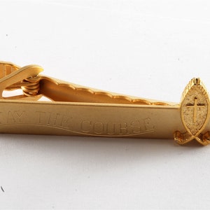 Vintage "Stay the Course" Cross Religious Tie Clip Gold Plated Brass Tieclip  Alligator Back Clasp New Old Stock