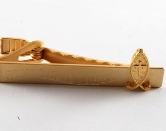 Vintage "Stay the Course" Cross Religious Tie Clip Gold Plated Brass Tieclip  Alligator Back Clasp New Old Stock