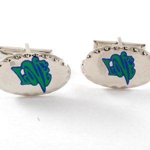 Gemelli vintage LOVE Gemelli con decalcomania in ottone placcato argento, coppia di gioielli NOS