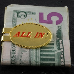 Vintage &quot;ALL IN&quot; Money Clip Gold Plated Brass & Enamel Oval Gambling NOS