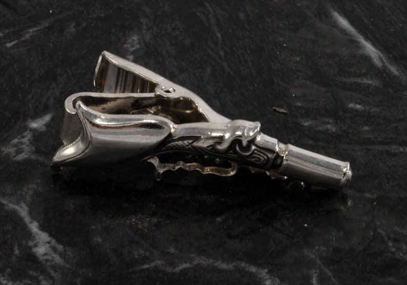 Vintage Flintlock Pistol Tie Clip Tieclip Silver Plated Brass In Original Case