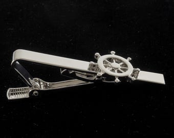 Vintage Ships Wheel Tie Clip Silver Plated Brass Tieclip NOS 1990'S