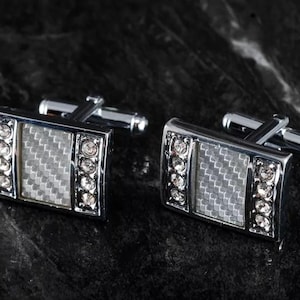 Vintage Cuff Links Checkered Pattern Enamel w Rhinestones Silver Plated Brass