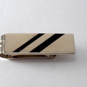 Vintage Money Clip Striped Design Silver Plated Brass & Black Enamel Moneyclip Men's Jewelry New Old Stock