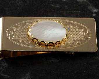 Vintage Mother Of Pearl  On Gold Tone Metal Etched Design Money Clip New Old Stock