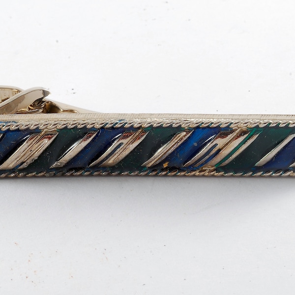 Vintage Wide Tie Clip Silver Blue & Green Silver Plated Etched W Enamel Signed  TieClip Tie Clasp USA NOS 2.5"