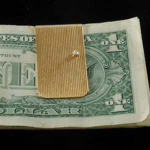 Vintage Money Clip Gold Plated Steel w Diamond Chip Moneyclip Ribbed Texture  NOS