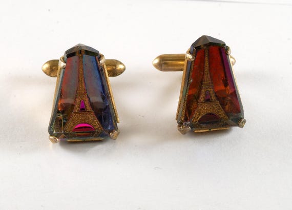 Eiffel Tower Cuff Links Intaglio Glass Heliotrope… - image 1