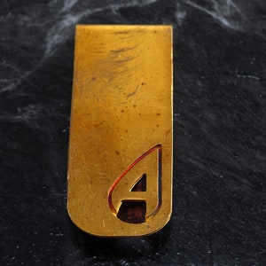 Vintage Collectible Antique Solid Brass Monogram Letter A Thin Money Clip new old stock 1940's