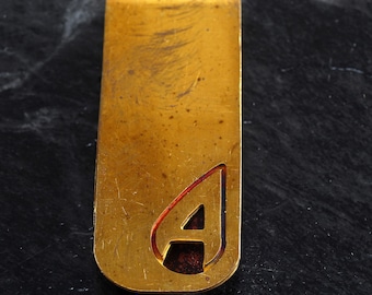 Vintage Collectible Antique Solid Brass Monogram Letter A Thin Money Clip new old stock 1940&#39;s