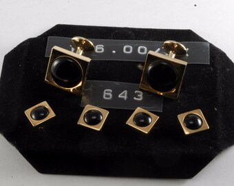 VTG Salesman's Lot Of Black Glass On Gold Plated Brass Cufflinks and Collar Studs