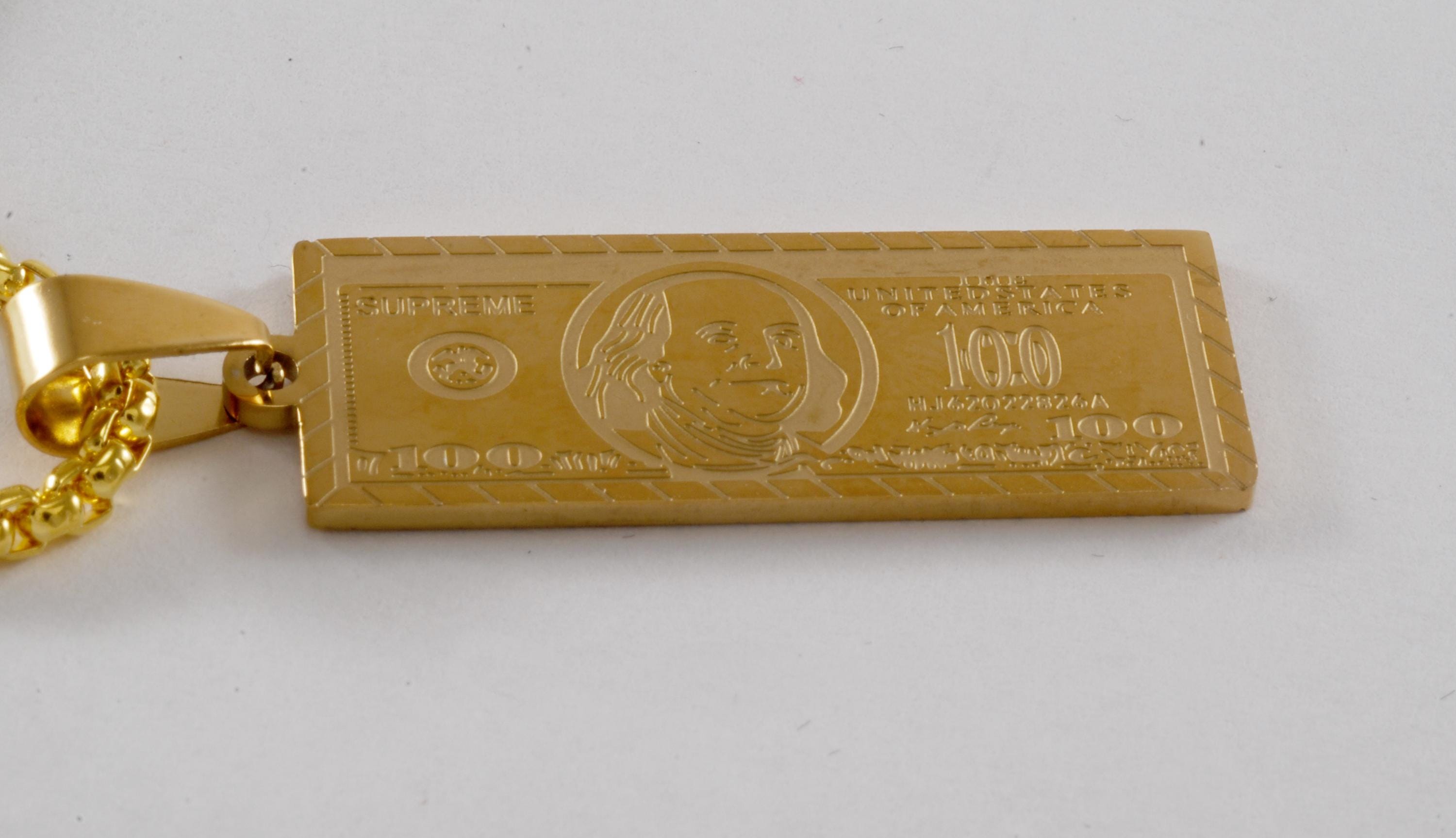 Designer Necklace Gold 100 Dollar Bill Pendant on Gold Chain New
