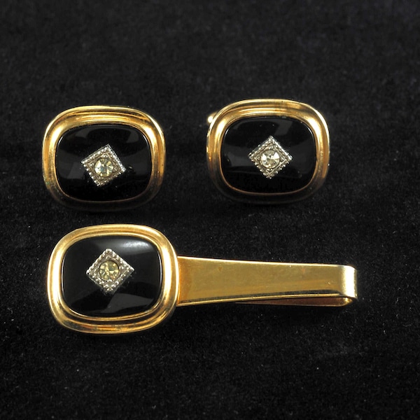 Vintage Tie Clip Cufflinks Set Gold Tone Metal & Rhinestone on Jet Glass Setting lightly Used 1950's