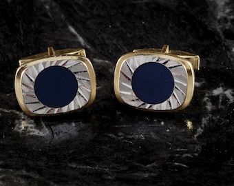 Vintage Art Deco Cuff Links Diamond Cut w Blue Dot on Gold Plated Cufflinks Pair Men's Jewelry