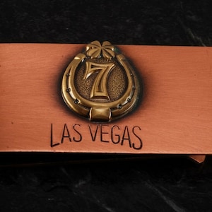 Vintage Money Clip LAS VEGAS LUCKY 7 Horse Shoe  Copper & Brass Gambling New Old Stock