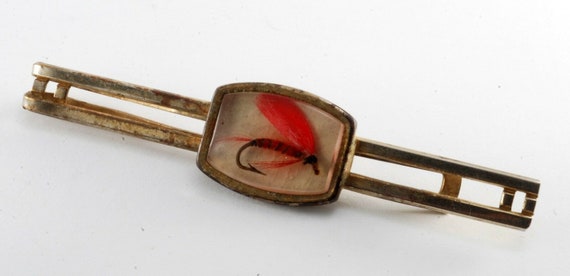 Vintage Anson Fly Fishing Tie Clip Gold Plated Brass Embedded