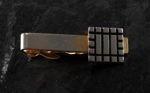 Vintage Swank Tie Clip Gold Plated Brass Grid Des… - image 4