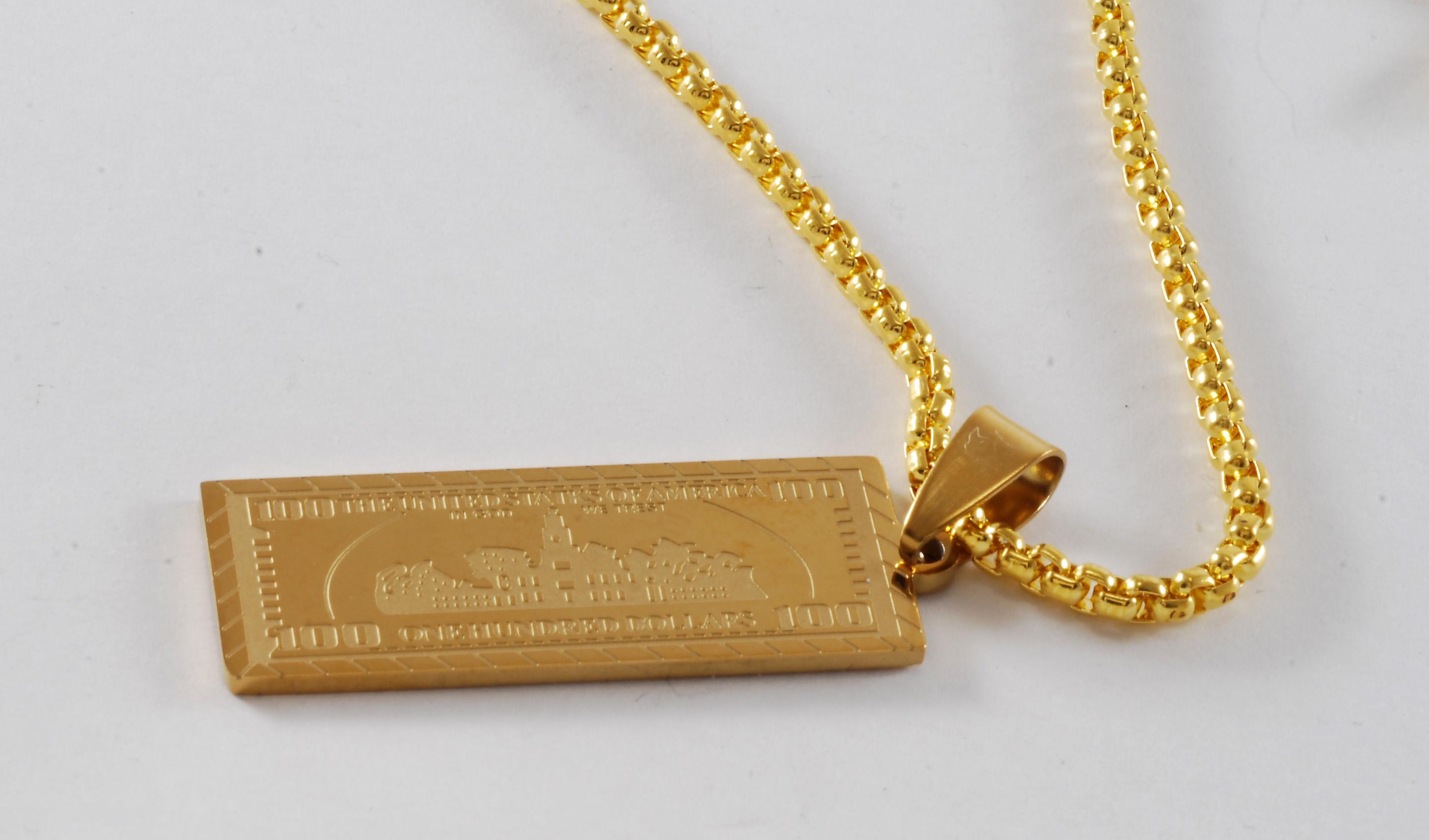 Designer Necklace Gold 100 Dollar Bill Pendant on Gold Chain New