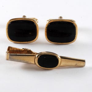 Vintage Tie Clip & Cuff Links Anson Gold Plated Brass and Black Glass Tieclip Cufflinks Set