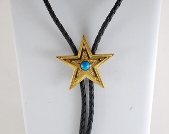 Vintage Western Star Bolo Slips Guldfärgad med Imitationsturkos Retro Cowboy Halsband Western Fashion NOS