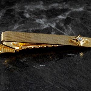 Vintage Tie Clip Starburst Design Gold Plated Brass w Rhinestone Tieclip  Alligator Back Clasp NOS