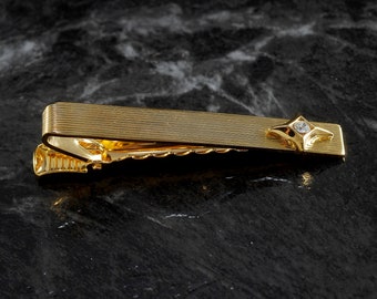 Vintage Tie Clip Starburst Design Gold Plated Brass w Rhinestone Tieclip  Alligator Back Clasp NOS