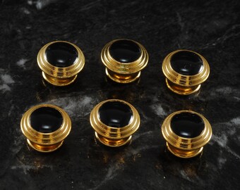 Vintage Lot Of 6 Black Glass Gem Gold Plated Collar Button Stays Studs New Old Stock