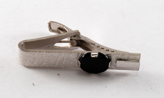 Vintage Tie Clip Black Onyx Gem on Silver Plated … - image 1