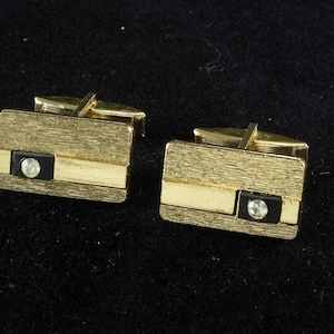Vintage Art Deco Cuff Links Rhinestone on Gold Plated Cufflinks Pair Men's Jewelry New Old Stock