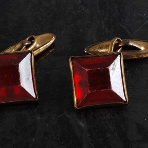 Very Old Vintage Red Plastic Gem Cuff Links  Gold Plated Brass Men's Ladies Cufflinks Jewelry Well Worn