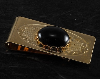 Vintage Black Onyx On Gold Tone Metal Etched Design Money Clip New Old Stock