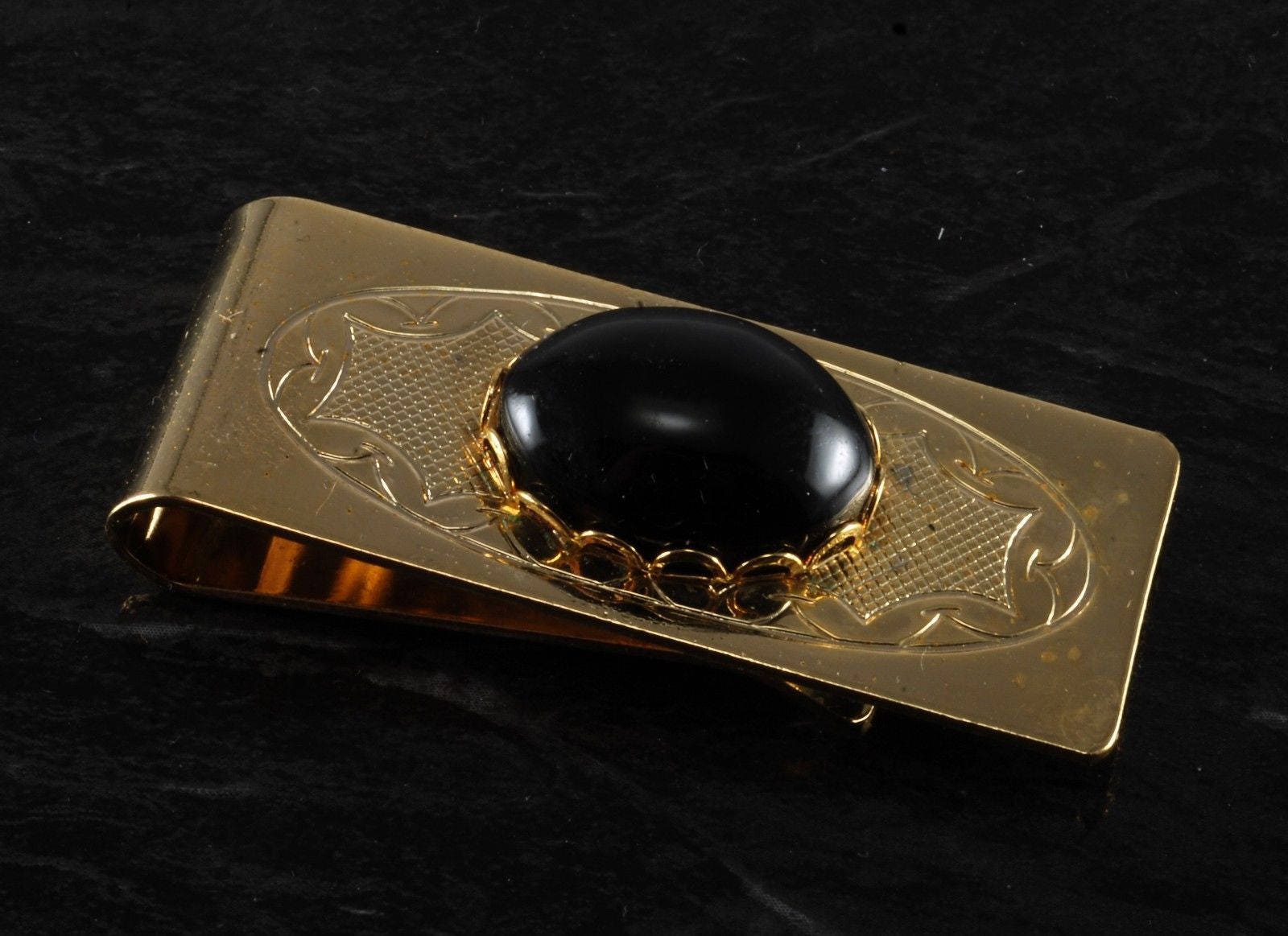 Vintage Black Onyx on Gold Tone Metal Etched Design Money